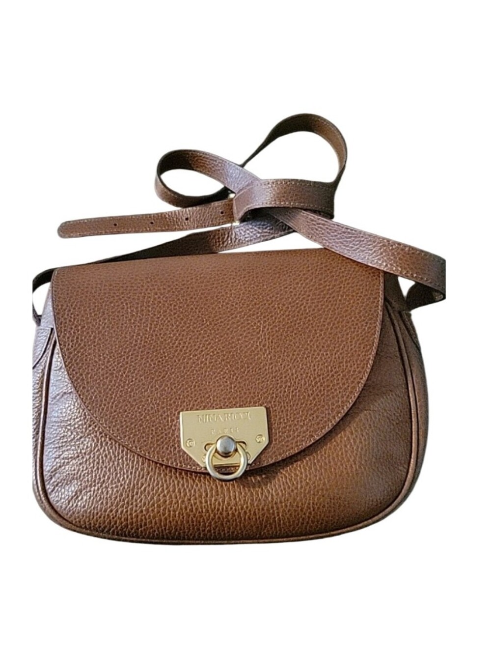 Vintage NINA RICCI Paris Brown Pebbled Leather Saddle Crossbody Bag